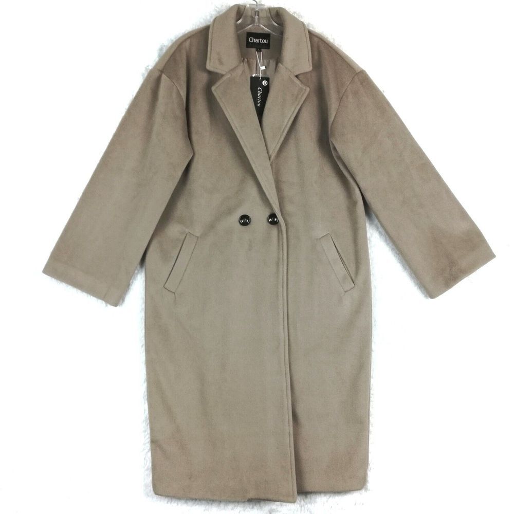 Chartou Womens Coat Wool Blend Brown Beige Button Front Midi Classic‎ L New